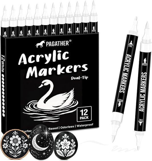 Pagather White Acrylic Paint Markers, 12 Pack Dual Tip by Pagather