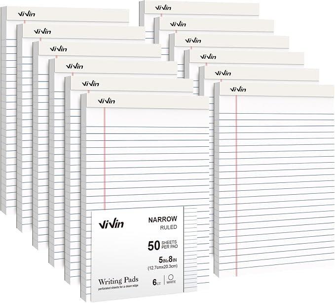 ViVin 5 x 8 Inch Legal Pads, 12 Pack, Narrow Ruled, 50 Sheets Per Writing Pad by ViVin