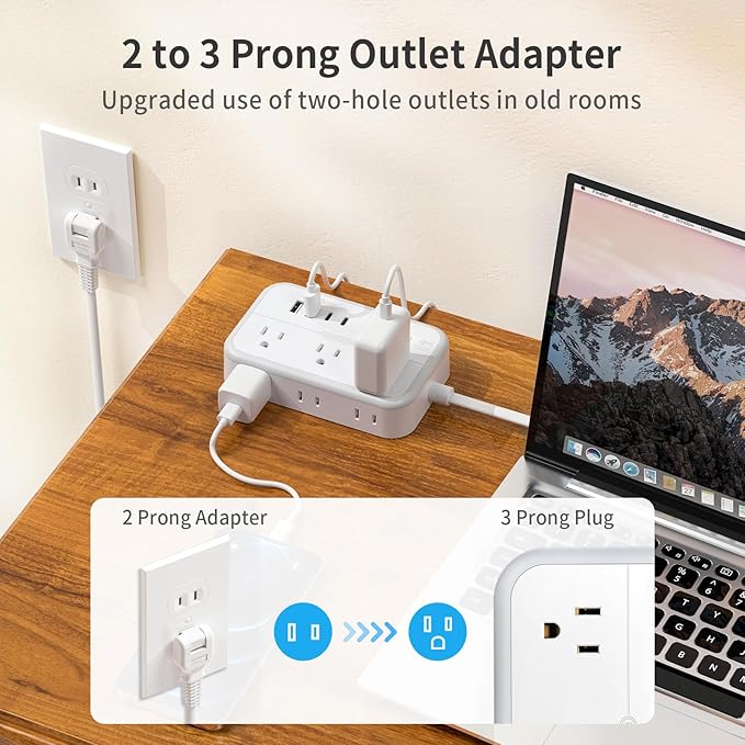 NTONPOWER 2 Prong Power Strip, 1875W/15A 2 Prong to 3 Prong Outlet Adapter, Surge Protector Power Strip with 4 USB Ports(2 USB C), 5 FT Rotating Flat Plug Extension Cord for Old House, Wall Mount-DeskLoop Office