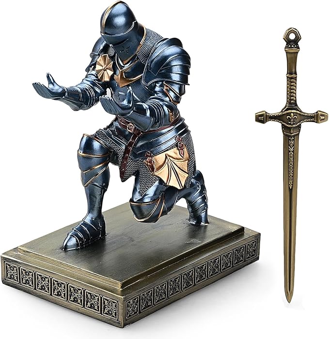 Medieval Armored Warrior Knight Pen Holder Desk Organizers and Accessories Resin Pencil Holder Paperweight as Gift with a Cool Letter Opener for Desk (Blue)-DeskLoop Office
