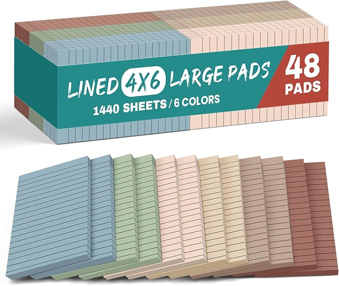 Lined Sticky Notes, 48 Pads, 4x6 Inches, Large Sticky Notes by Taja
