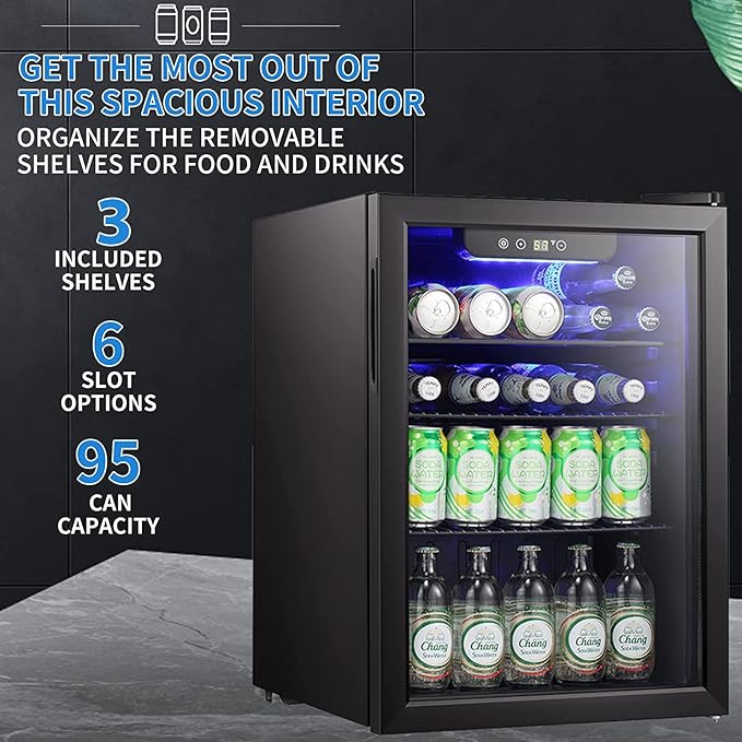 Antarctic Star Mini Fridge-95 Can Beverage Refrigerator Wine Cooler Clear Front Glass Door Small Drink Touch Screen for Soda Beer Bar Office Home 2.6 cu.ft-DeskLoop Office