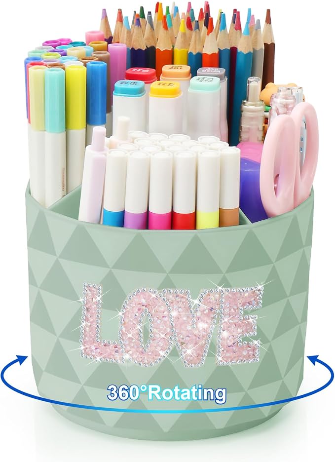 Bling Desk Organizer, Glitter Love Rhinestone Rotating Pencil Pen Holders - Image 9