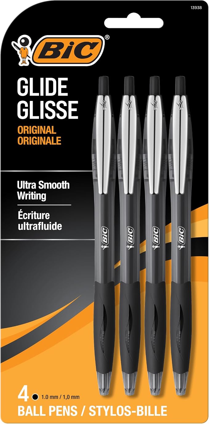 BIC Glide Black Retractable Ballpoint Pens, Medium Point, 4-Count Pack by BIC