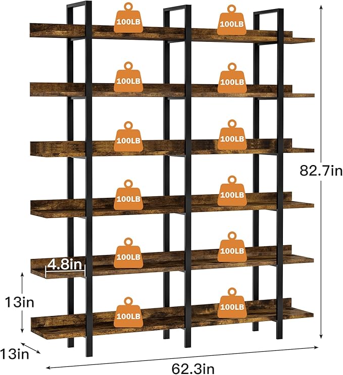 FRAPOW 83Inch Industrial Bookshelf and Bookcase, Double Wide 6 Tier Large Vintage Book Shelf with Metal Frame Open Bookshelves for Living Room Home Office-DeskLoop Office