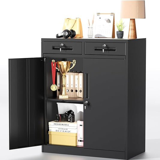 Greenvelly Metal Storage Cabinet with Drawers, 36' Black Steel Garage & Office Storage with Doors and Adjustable Shelves, Locking Metal Tool Cabinet-DeskLoop Office