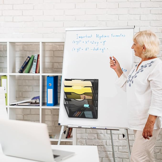 EASEPRES Magnetic 5 Pocket Mesh Hanging File Organizer, Wall Mounted Mail Paper Document Folder Holder, Clipboard Storage Organization Magazine Rack with Nametag Label for Office Home School, Black-DeskLoop Office