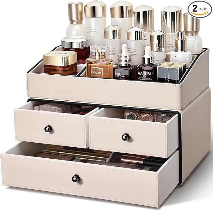 KINGFOM Leather Makeup Organizer with 3 Drawers, 2 Tier Cosmetic Storage Organizer for vanity Dresser Countertop and Bathroom Vanity, Beauty Holder for Lipstick Brush Skincare (Beige)-DeskLoop Office