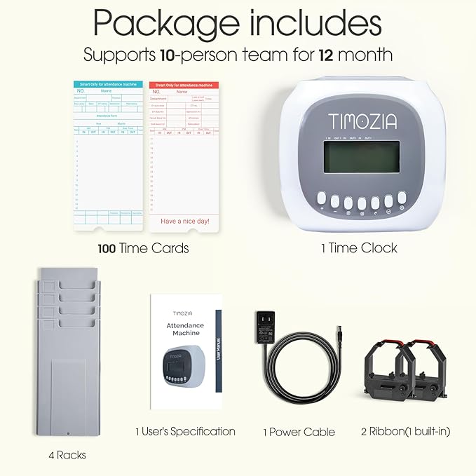 Time Clocks for Employees Small Business, Auto-Align Time Clock, 6 Punches per Day Time Machine, Clock in Machine for Employees with Time Cards, 2 Ink Ribbons and 4 Racks (White-App)-DeskLoop Office