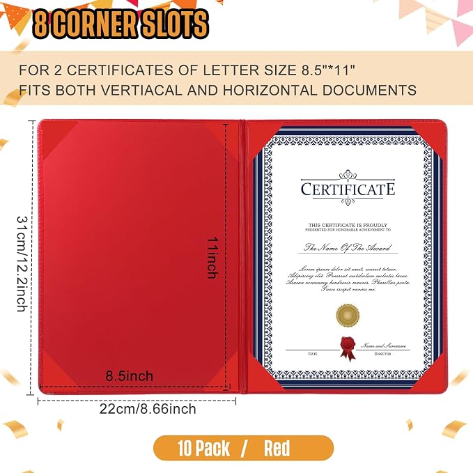 Tenare 10 Pcs Red Leather Certificate Holder 8.5 x 11 PU Phd Bachelor Master - Image 2