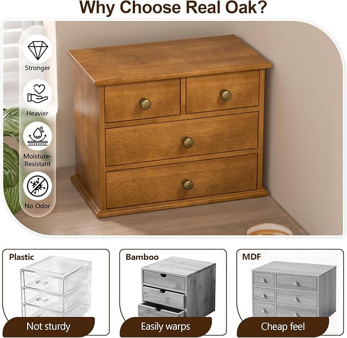Oak Desk Organizer with Drawers, Durable Wooden Desktop Storage Box with Metal - Image 3