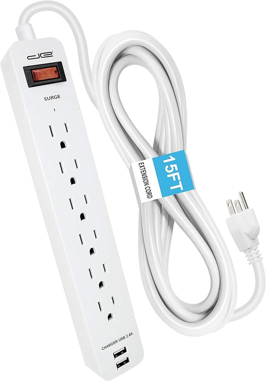 Digital Energy 6-Outlet + 2 USB 1050 Joule Surge Protector Power Strip with 15-Ft Long Extension Cord, White, UL Listed-DeskLoop Office