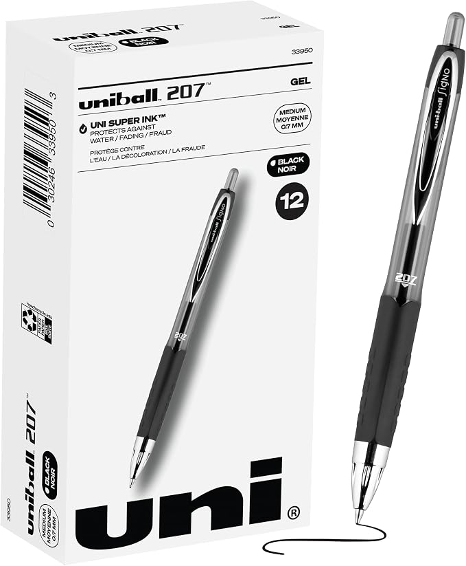 uni-ball Signo 207 Gel Pen, 0.7mm Medium Black, Smooth Writing by uni-ball