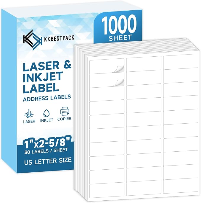 KKBESTPACK 30 Up Shipping Address Labels – 1” x 2-5/8” Self-Adhesive Barcode by KKBESTPACK