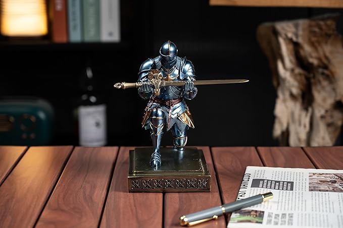Medieval Armored Warrior Knight Pen Holder Desk Organizers and Accessories Resin Pencil Holder Paperweight as Gift with a Cool Letter Opener for Desk (Blue)-DeskLoop Office
