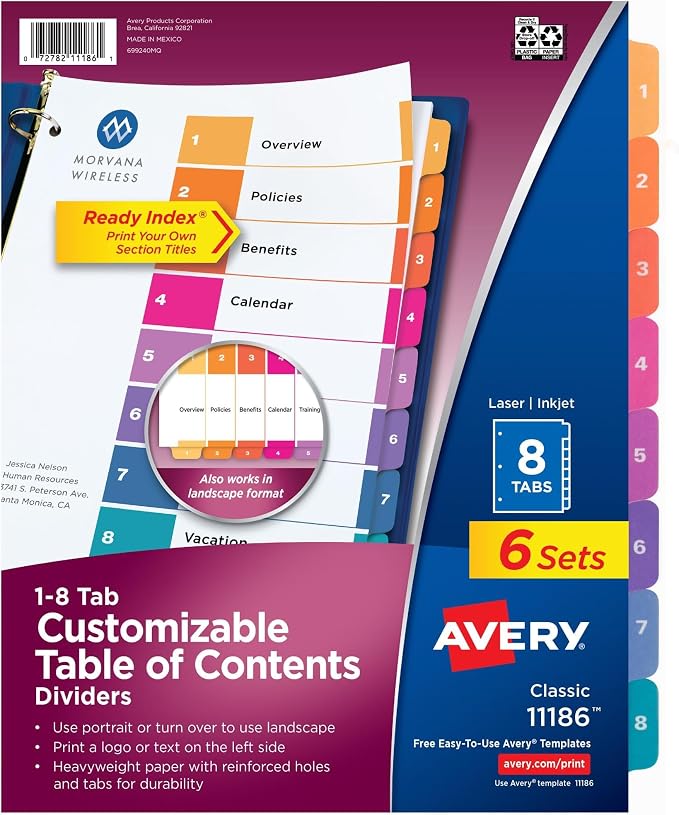Avery 8 Tab Dividers for 3 Ring Binders, Customizable Table of Contents by Avery