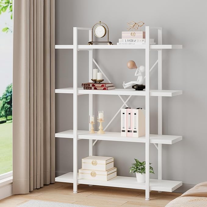 HSH 4 Tier White Bookshelf, Modern 4 Shelf Etagere Bookcase, Industrial Wood and Metal Storage Shelves and Display Book Rack, Farmhouse Open Wide Book Shelf for Bedroom Living Room Office, White Oak-DeskLoop Office