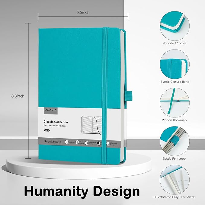 Lined Journal Notebooks for Work, Travel, College, A5 Size 100 GSM Thick Paper, Classic Ruled Journaling Notebook, Hardcover Notepad for Writing 160 Pages, 5.5 x 8.3 inch, Turquoise-DeskLoop Office