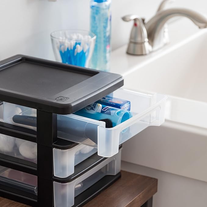 IRIS USA Plastic Stacking Desk Top 3-Drawer Storage Organizer, 4-Pack, for Makeup Vanity Nail Polish Bathroom Stationery Art Craft Supplies Kitchen Office Garage and Small Organization, Small, Black-DeskLoop Office