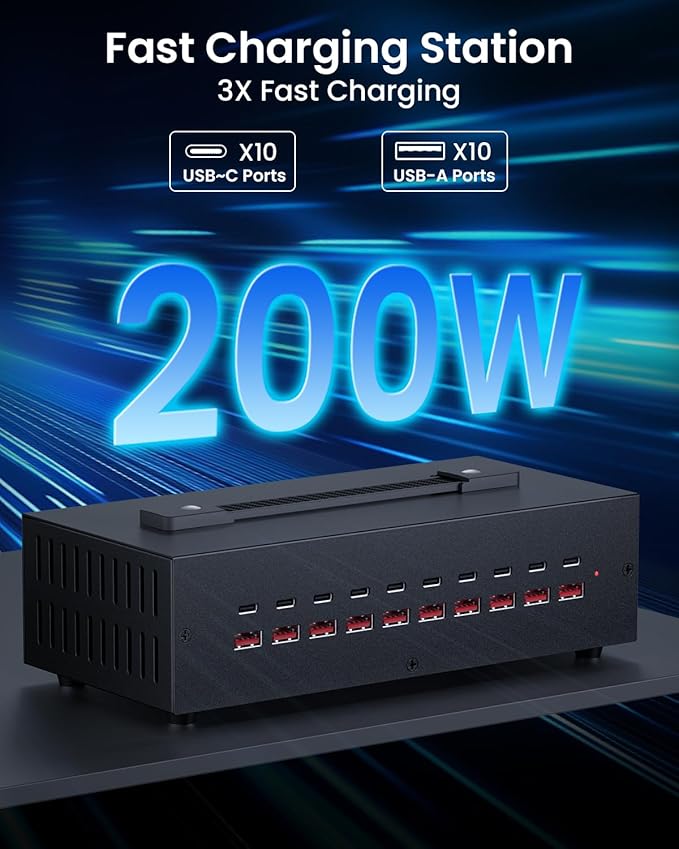 200W USB~c Charging Station, 20 Port (10 USB A & 10 USB~C Port) USB Charger Block, Fast Charging Station for Multiple Devices, Desktop Charger Compatible for iPhone, iPad, Tablets-DeskLoop Office
