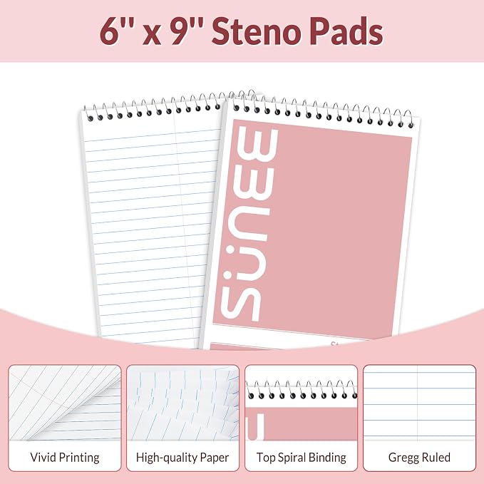 SUNEE 2 Pack Steno Pads 6x9, Gregg Rule, 60 Sheets, Spiral Notebook 6x9 - Image 4