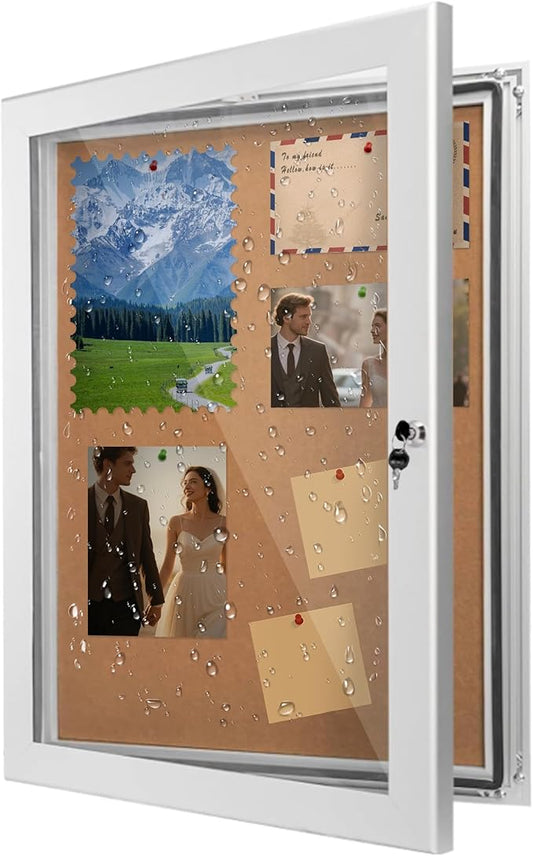 Locking Enclosed Bulletin Board Aluminum Cork Memo Board Wall Mount Noticeboard with Rubber Seal Tamperproof Single Door Display Case for Indoor Or Outdoor Use, 26.8×20 in-DeskLoop Office