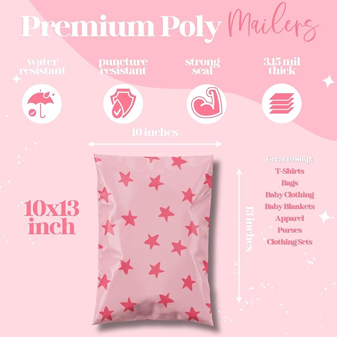 Pretty Package Store Poly Mailer 10x13, Seeing Stars Pink, 100 Pack | Heavy Duty - Image 3