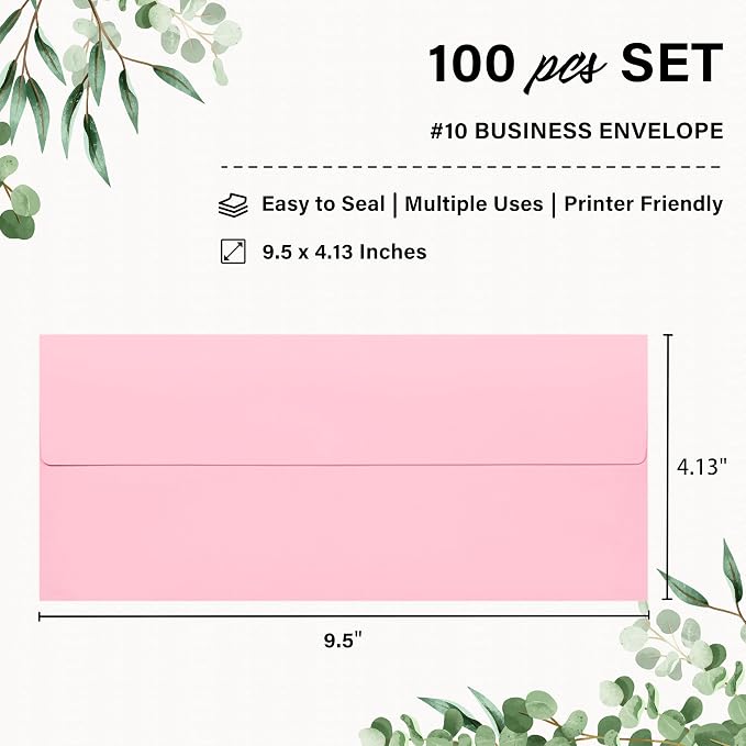 100 Pack #10 Business Envelopes, Self Seal Standard Pink Envelopes - Image 2