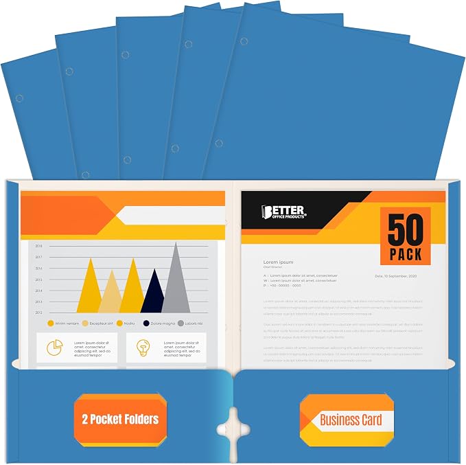 Better Office Products Blue Folders, 50 Pack Letter Size Two Pocket Folders by BetterOfficeProducts