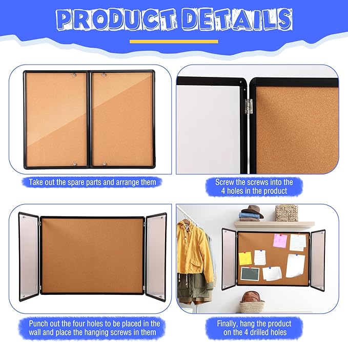 Enclosed Bulletin Board 48" x 36" Weather Resistant Lockable Notice Cork Display Board Wall Mounted 2 Locking Door for School Classroom Commercial Back to School, 12 x A4(Brown, Black Frame)-DeskLoop Office