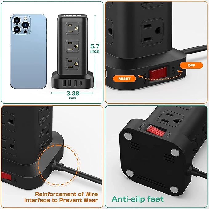 Extension Cord with Multiple Outlets, Surge Protector Power Strip Tower, 12 AC 4 USB，Surge Protector Tower 6.5FT Overload Protection for Home Office-DeskLoop Office