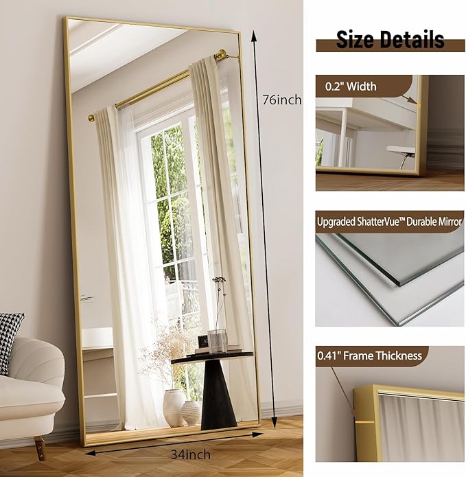 GLSLAND 76"x34" Full Length Mirror Extra Large Hanging or Leaning Rectangle Mirror Aluminum Alloy Thin Frame Bedroom Floor Dressing,Gold-DeskLoop Office