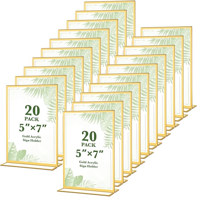 20 Pack Gold Acrylic Sign Holders 5x7 Inch, Double Sided Vertical Stand Clear by ALFFUN
