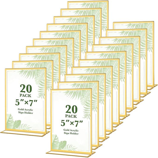 20 Pack Gold Acrylic Sign Holders 5x7 Inch, Double Sided Vertical Stand Clear by ALFFUN
