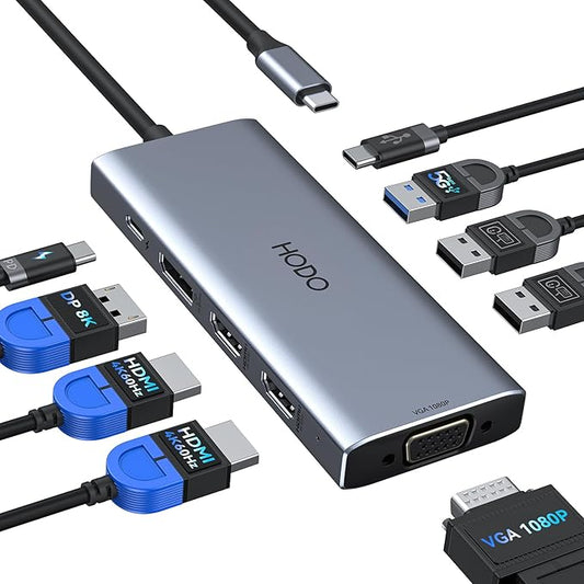 HODO USB C Docking Station Dual Monitor Adapter for Dell HP, Laptop Docking Station 3 Monitors Quad Display USB C Hub Dongle to 2 HDMI 4K,DP 8K,VGA,4 USB,PD, Thunderbolt Dock Type C Adapter for Lenovo-DeskLoop Office