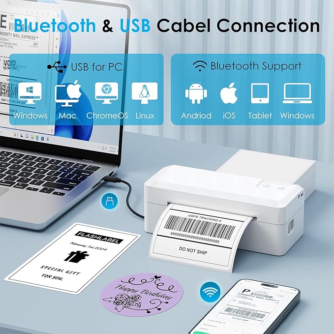 Shipping Thermal Label Printer, 4x6 Portable Label Printer, Bluetooth Label Maker for Small Business, Support iPhone,Android,Windows,Mac,Chromebook,Works with USPS, Ebay,Shopify&More, White-DeskLoop Office