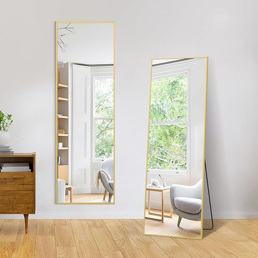 Full Length Mirror, 56"x18" Gold Floor Mirror with Stand, Rectangle Standing Mirror for Living Room Bedroom Cloakroom Gym, Thin Aluminum Frame, Tempered Glass-DeskLoop Office