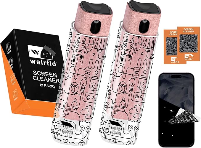 walrfid 2pcs Car Screen Cleaner, Computer Screen Cleaner Spray and Wipe, Laptop Cleaning Mist Kit for Electronic iPad, iPhone, Phone, MacBook, TV, Monitor, Tablet Display, with Graffiti Case, Pink-DeskLoop Office