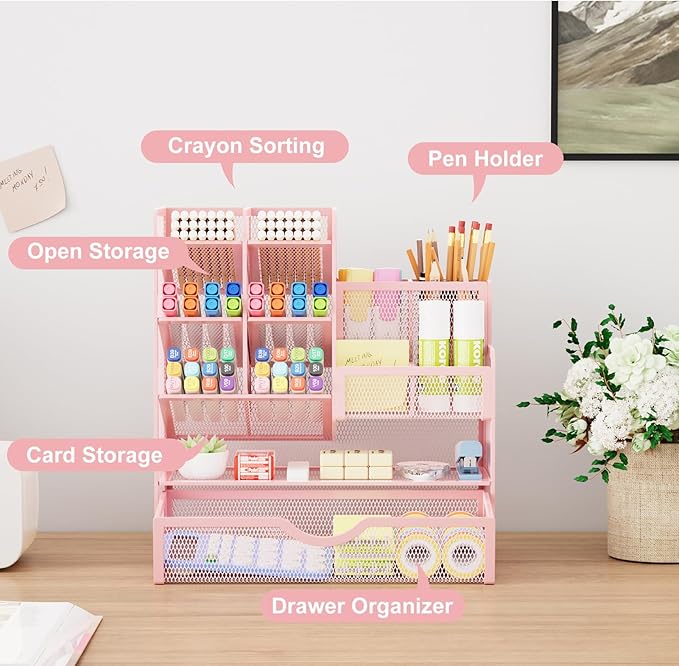 Marbrasse Mesh Desk Organizer with Drawer, Multi-Functional Pencil Organizer, 12 Compartments, Pink, Modern, Minimalist-DeskLoop Office