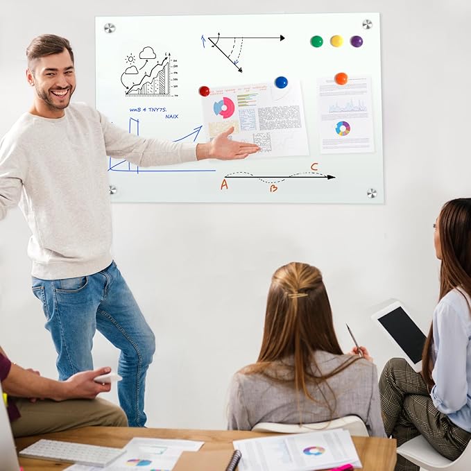 H-Qprobd Glass Whiteboard 36"x24" Magnetic Dry Erase White Board for Wall, Includes 12 Magnets, 8 Markers and 2 Erasers-DeskLoop Office