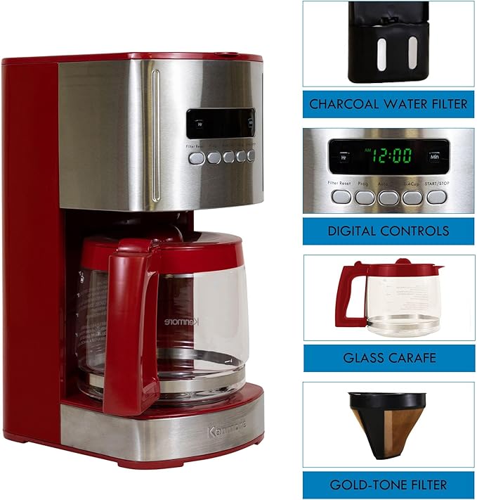 Kenmore Drip Coffee Maker - 12 Cup Programmable Cafe Machine With Glass Pot, Regular & Bold Brew, Auto Shut Off Large Water Reservoir, Reusable Filter, Kitchen Appliances For Cafeteria Barista, Red-DeskLoop Office