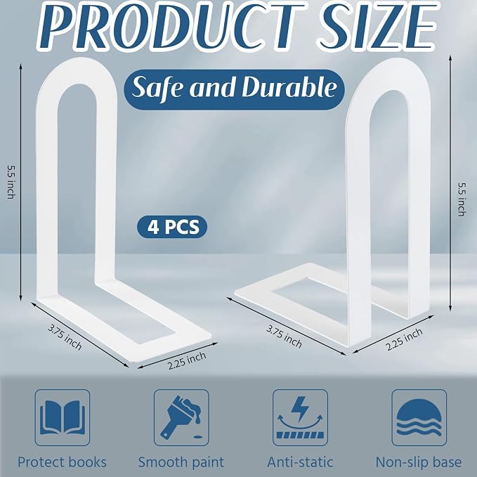 Chunful 4 Pcs White Book Ends for Shelves Modern Metal Bookends Decorative - Image 3