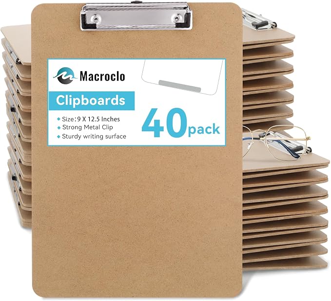 Wood Clipboards 40 Pack, Letter Size Hardboard Clip Board 8.5x11 | A4 Standard by Macroclo