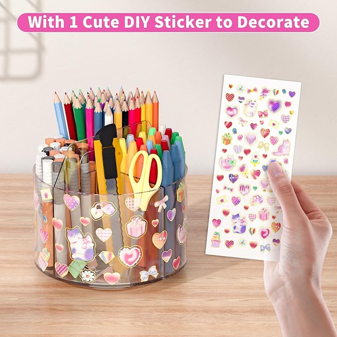 Acrylic Pencil Organizer for Desk 4 Compartments with Adhesive DIY Sticker, Rotating Art Supply Organizer with Kawaii Sticker Kids, Spinning Round Marker Organizer Small Supply Organizers Caddy-DeskLoop Office