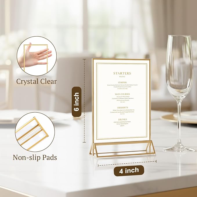 EHWINE 6 Pack Acrylic Sign Holder 4 x 6, Double Sided Gold Picture Frame Stand - Image 4