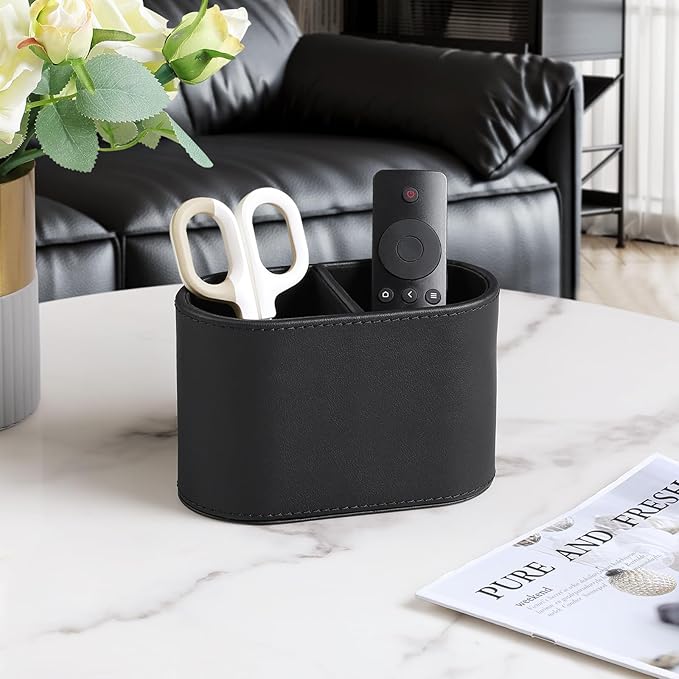 PU Leather Pen Holder for Desk, Small Remote Control Holder Pencil Cup Multifunctional Desktop Organizer Caddy for Home School Office Desk Accessories - 2 Compartments (Black)-DeskLoop Office