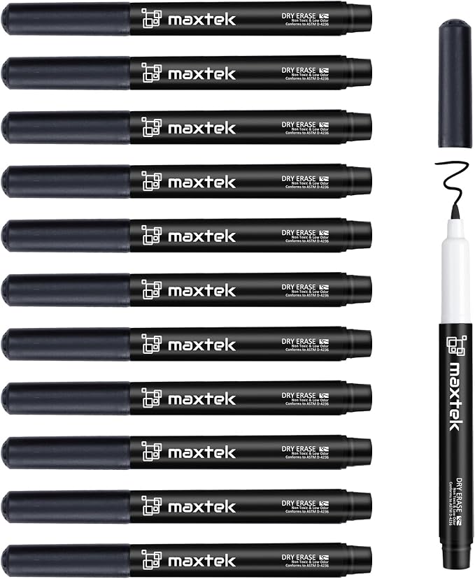 maxtek Black Dry Erase Markers Ultra Fine Tip, Low Odor, Extra Fine Point Dry by Maxtek