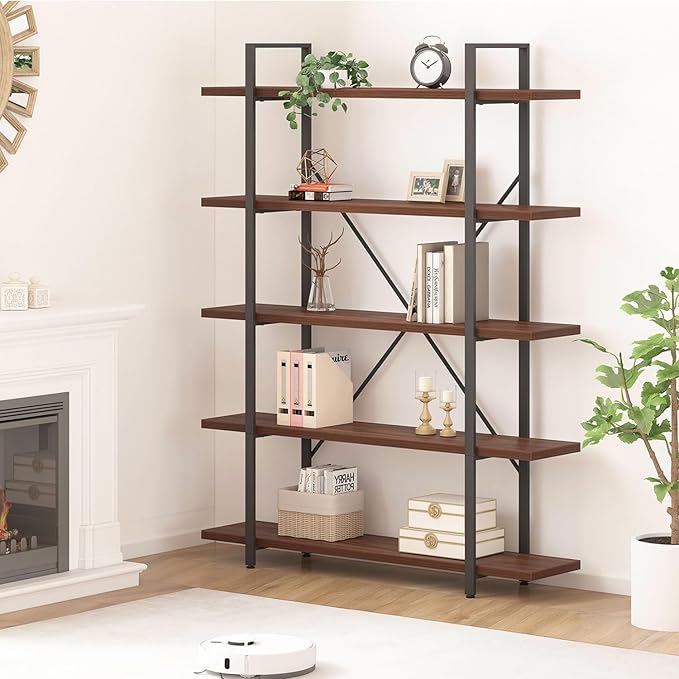 HSH Walnut 5 Tier Bookshelf, Tall Bookcases and Book Shelves 5 Shelf, Large Industrial Metal Wood Display Book Shelf Storage Rack, Rustic Open Bookcase Bookshelves for Bedroom Living Room Office-DeskLoop Office