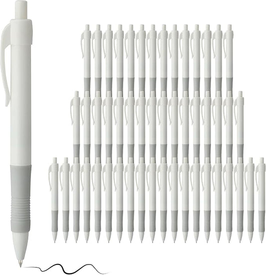 deegtran Pens Bulk, 50 Pack No Bleed White Barrel Black Ink Click Pens by DEEGTRANPENS