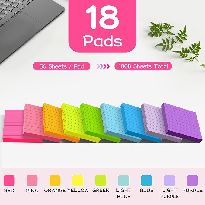 Lined Sticky Notes 3x3 in Bright Ruled Post Stickies Colorful Super Sticking - Image 2